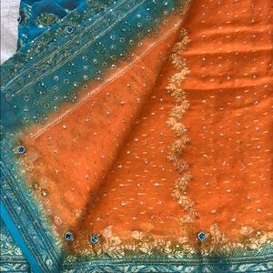 Cyan Blue and Vibrant Orange Sari with Blouse